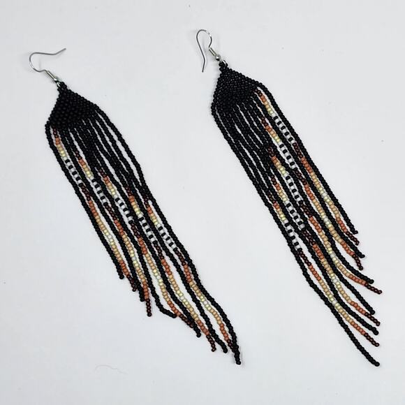 Cascading Darkness Black Boho Beaded Fringe Earrings - Picture 3 of 6